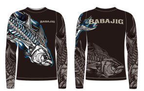 חולצת דיג שחורה ארוכה BABAJIG עם הדפס דגים והגנת שמש UPF50 | חנות דיג בתל אביב