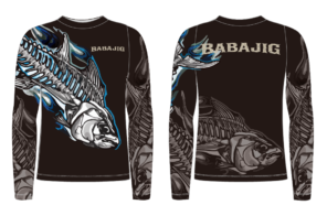 Babajig black long sleeve fishing shirt with fish print and UPF50 sun protection